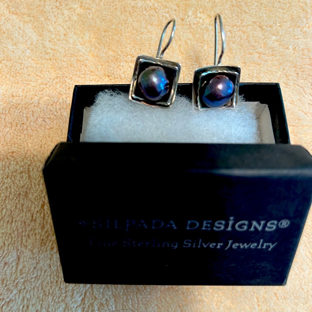 Silpada black purple pearl earrings inlaid in 925 silver custom made